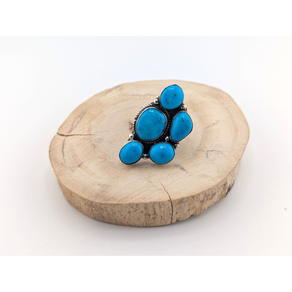 Navajo Kingman Turquoise Stone Cluster Ring‎ Sterling Silver Size 7 Jewelry **